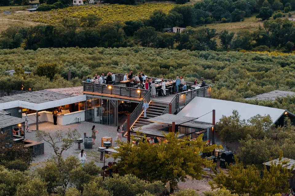 Vue aérienne du domaine au milieu des oliviers, avec la terrasse en bois et son public en fin de journée
