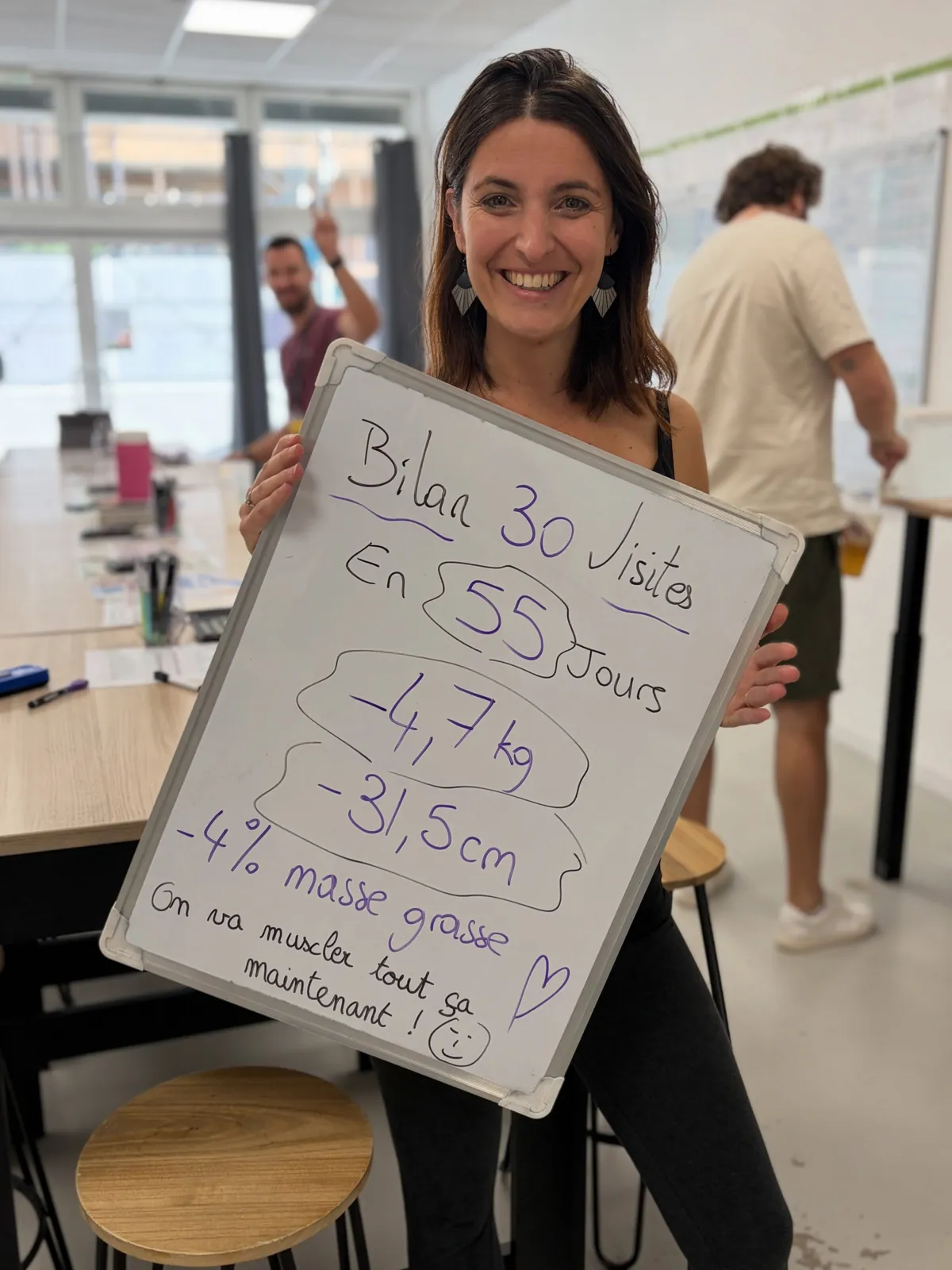 Un membre du club Sainte Julie tient l’ardoise de son bilan